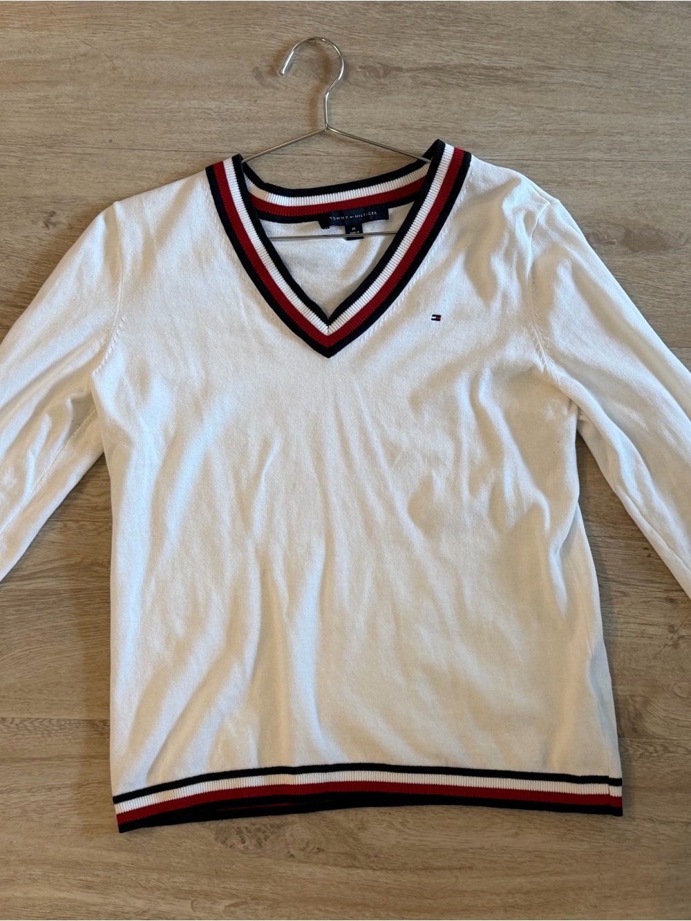 Tommy Hilfiger Womens White V-Neck Rugby Sweater